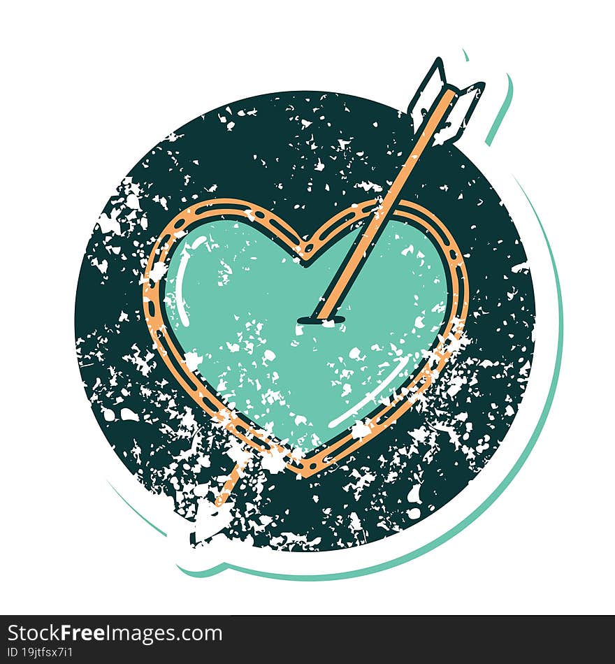 distressed sticker tattoo style icon of an arrow and heart