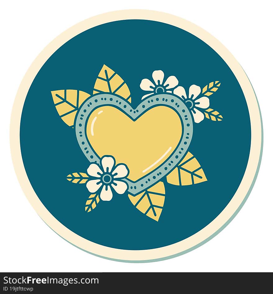 sticker of tattoo in traditional style of a botanical heart. sticker of tattoo in traditional style of a botanical heart