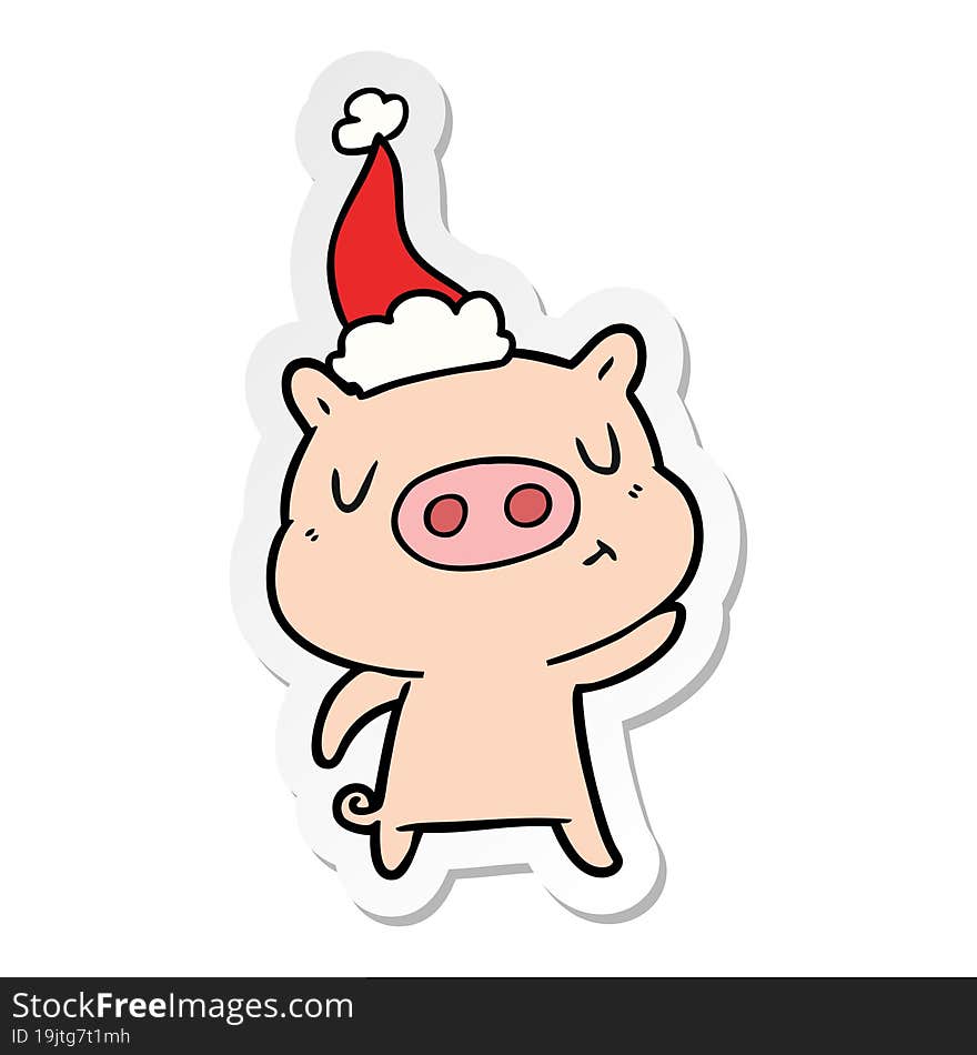 sticker cartoon of a content pig wearing santa hat