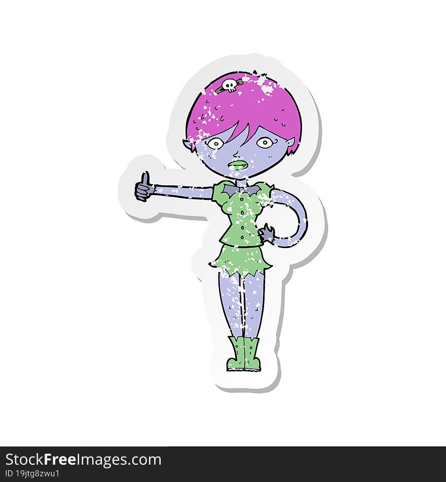 retro distressed sticker of a cartoon vampire girl giving thumbs up symbol