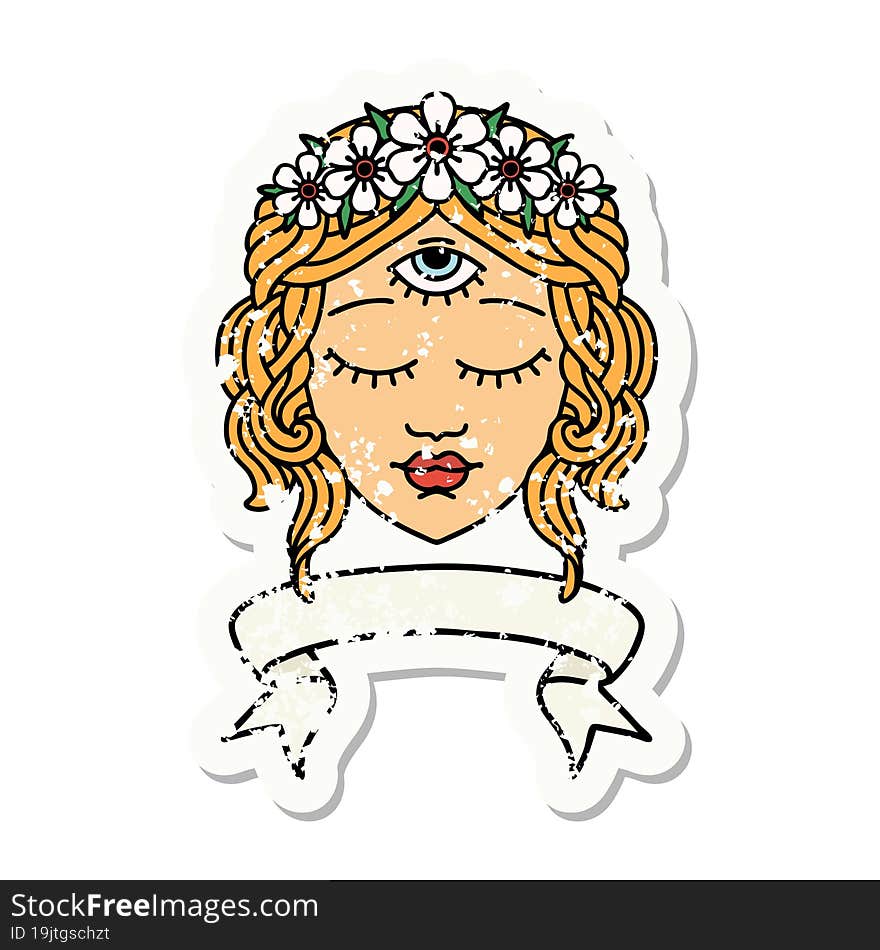 grunge sticker with banner of female face