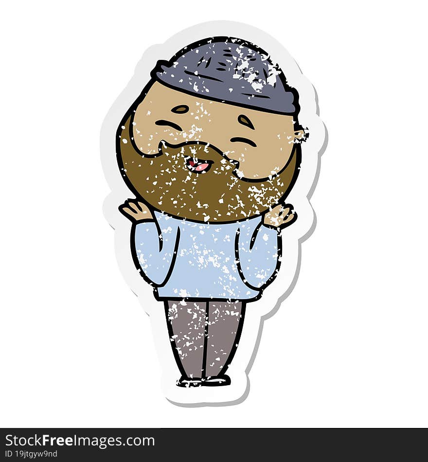 distressed sticker of a cartoon happy bearded man