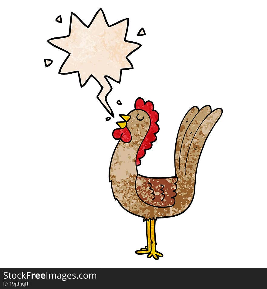 Cartoon Rooster And Speech Bubble In Retro Texture Style