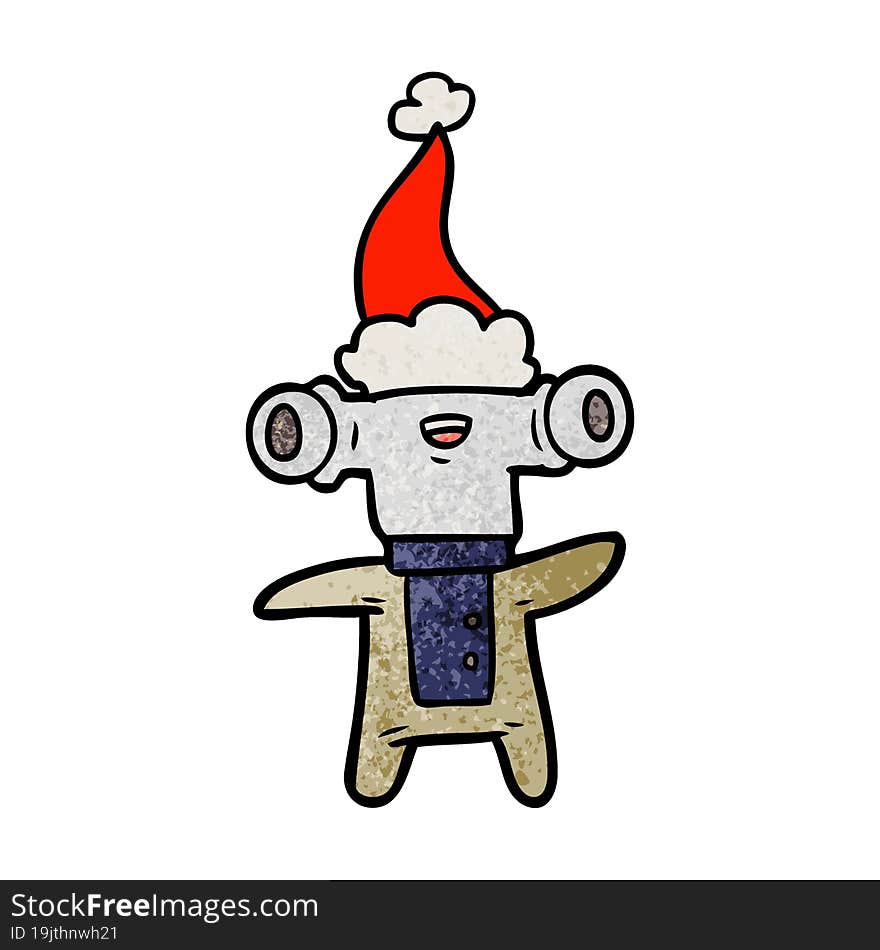 friendly hand drawn textured cartoon of a alien wearing santa hat. friendly hand drawn textured cartoon of a alien wearing santa hat