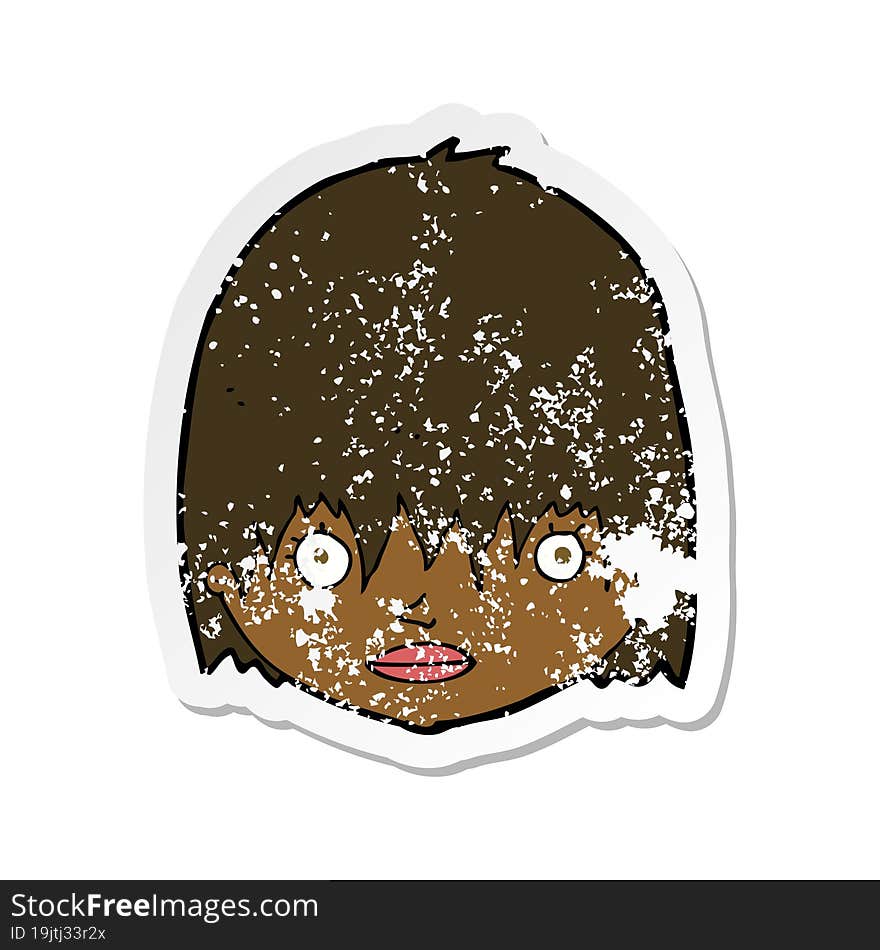 retro distressed sticker of a cartoon staring woman