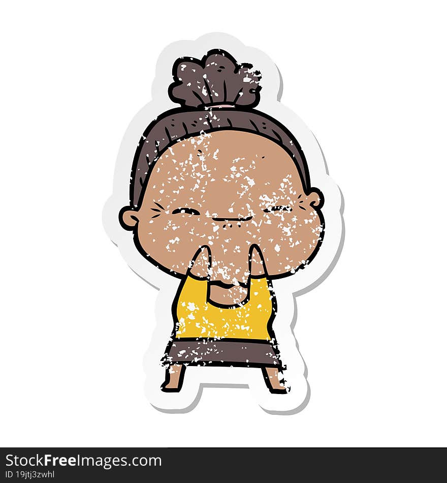 distressed sticker of a cartoon peaceful old woman