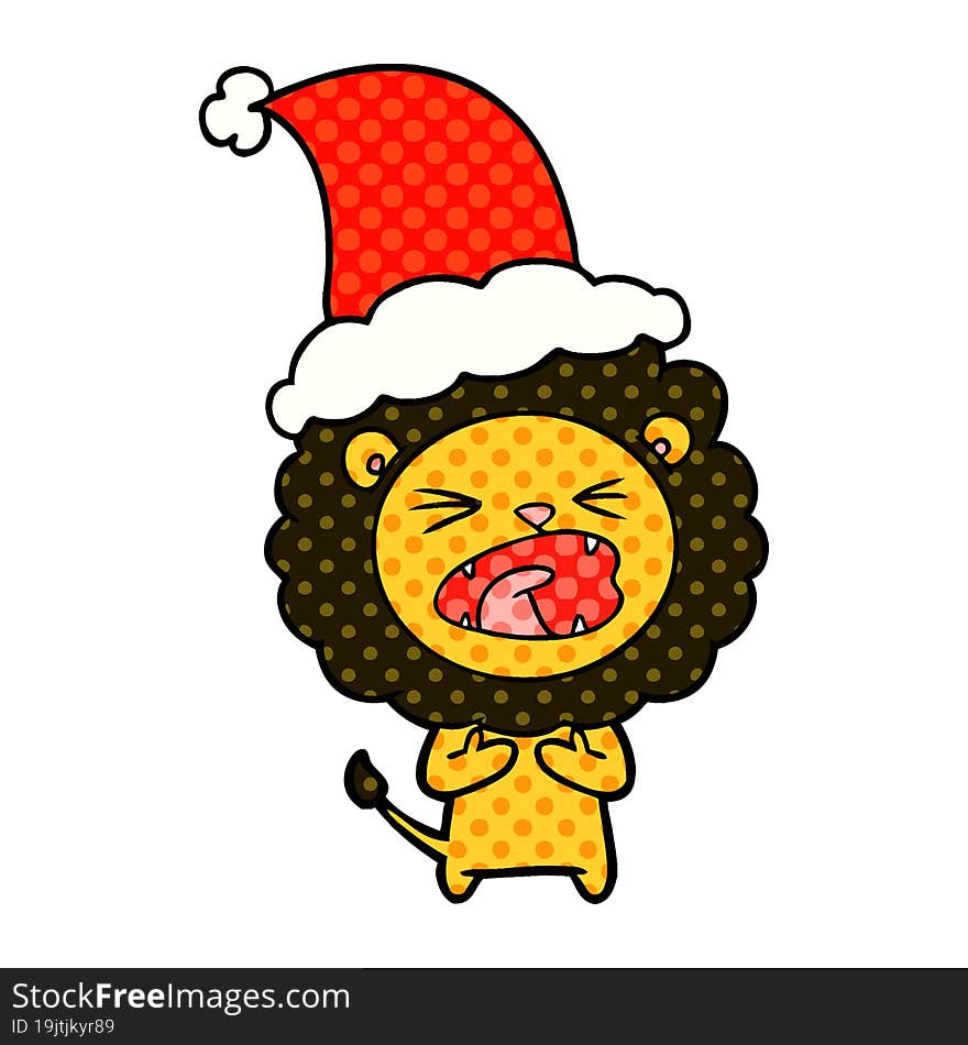 comic book style illustration of a lion wearing santa hat