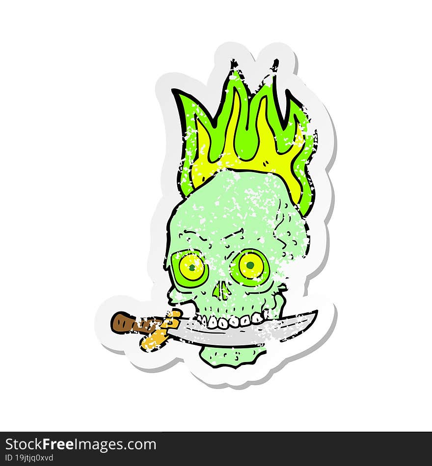 Retro Distressed Sticker Of A Cartoon Pirate Skull With Knife In Teeth