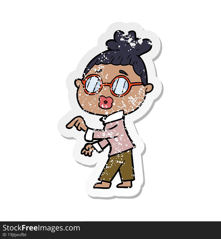 distressed sticker of a cartoon woman wearing spectacles