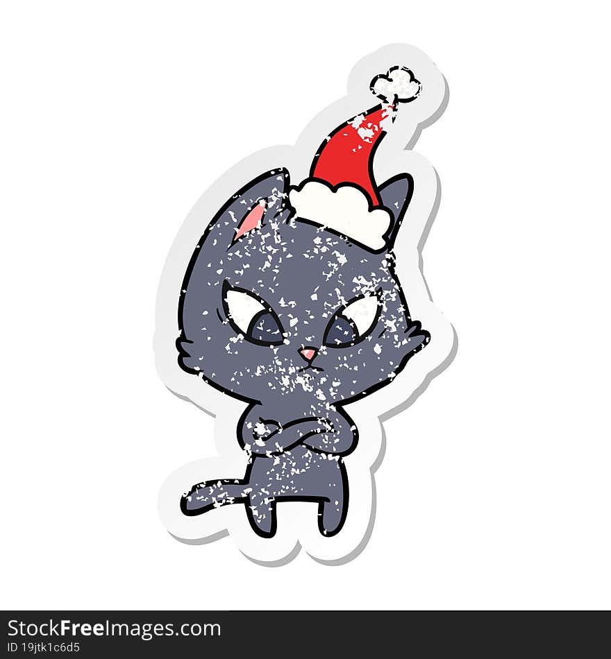 confused distressed sticker cartoon of a cat wearing santa hat