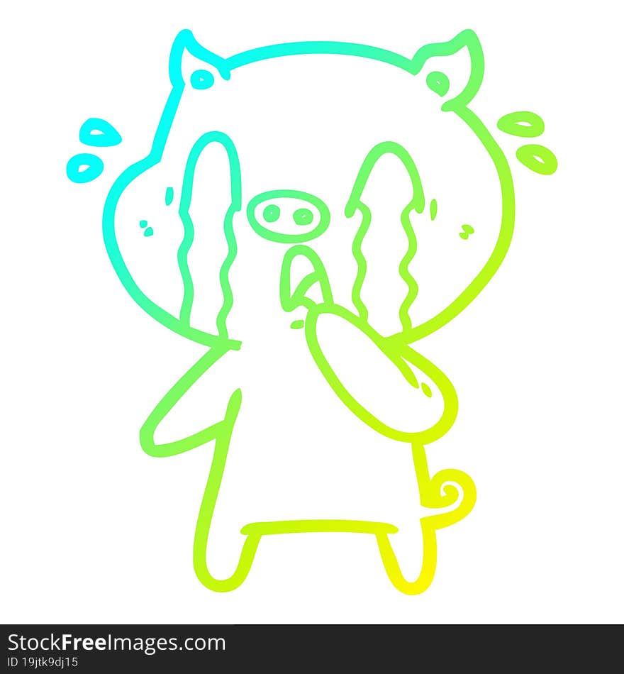 cold gradient line drawing of a crying pig cartoon