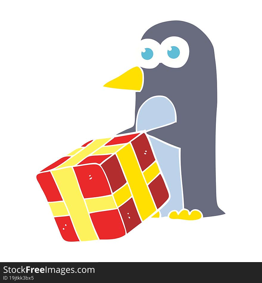 flat color illustration of penguin with christmas present. flat color illustration of penguin with christmas present