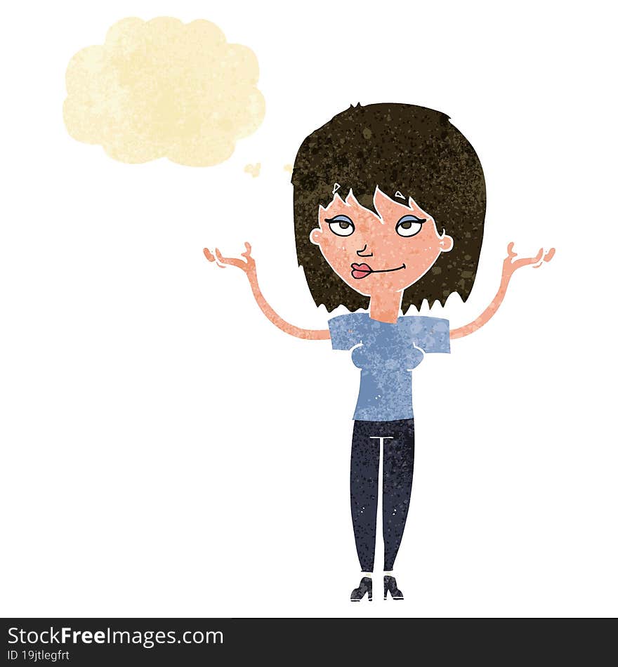 cartoon woman shrugging with thought bubble