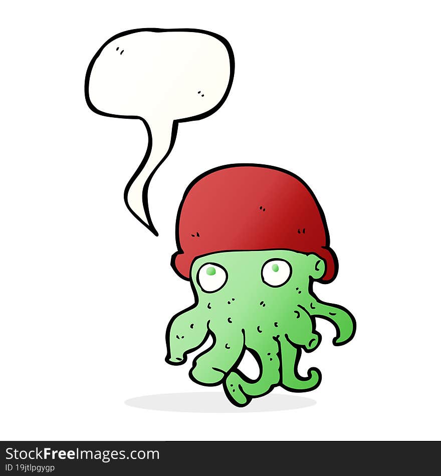 Cartoon Alien Head Wearing Hat With Speech Bubble