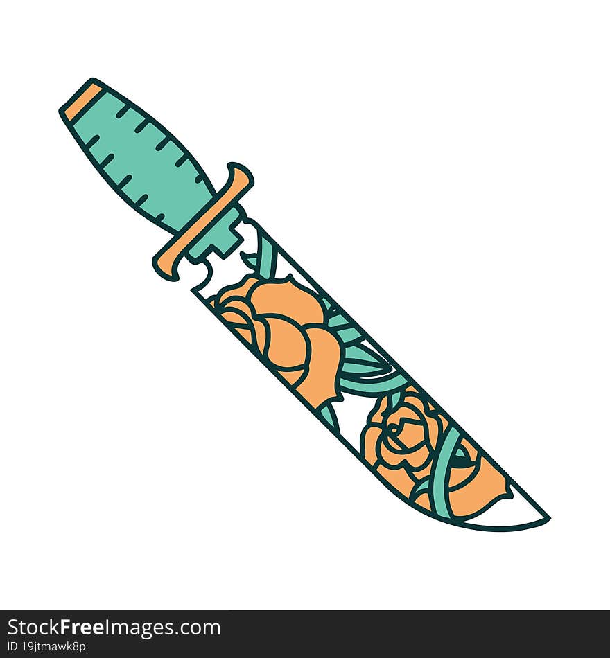 iconic tattoo style image of a dagger and flowers. iconic tattoo style image of a dagger and flowers