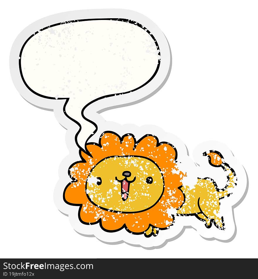 cute cartoon lion and speech bubble distressed sticker