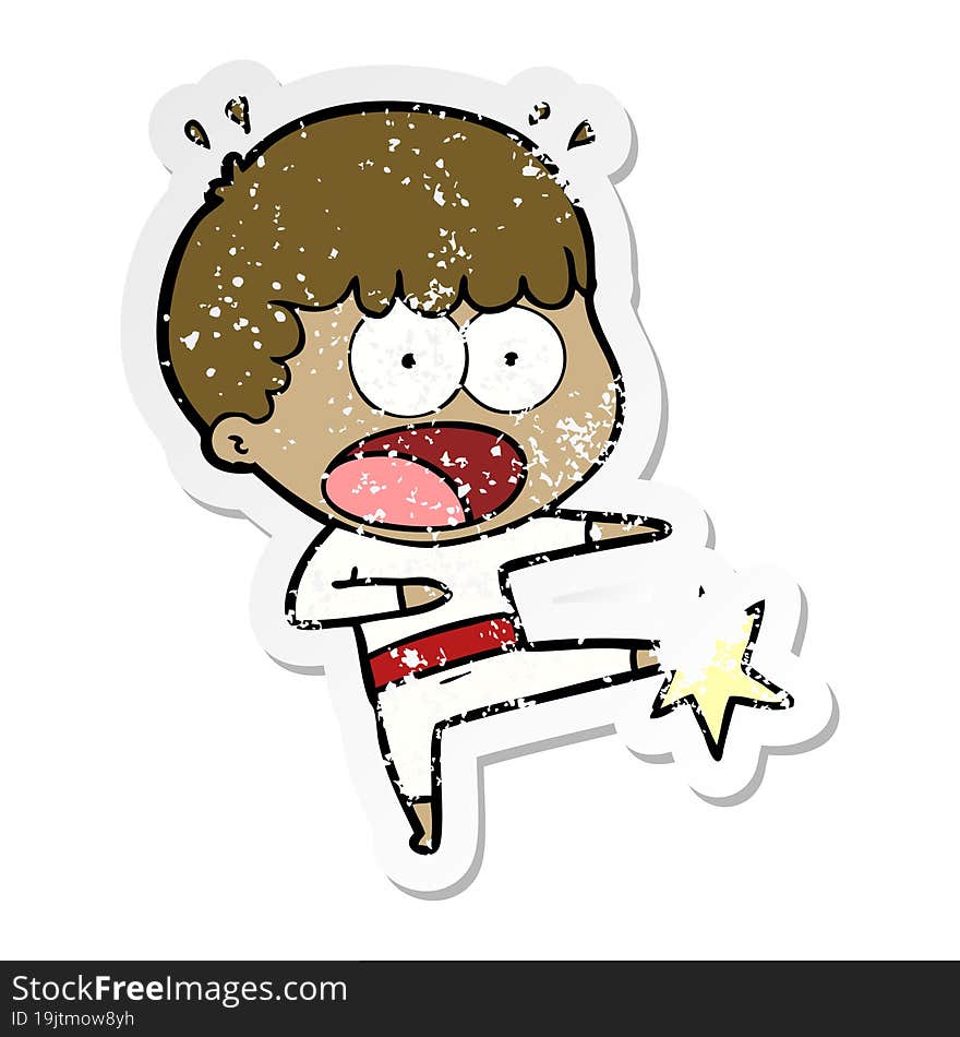 Distressed Sticker Of A Cartoon Boy Karate Kicking