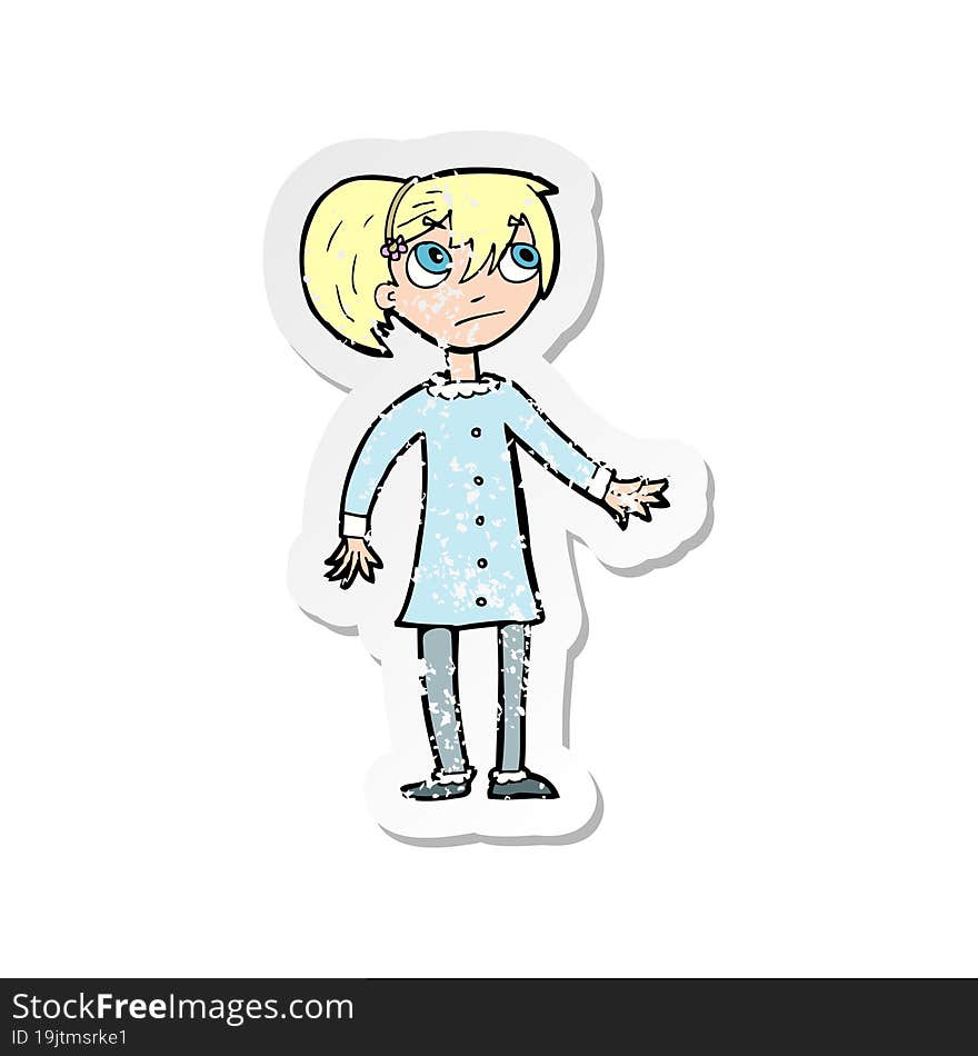 retro distressed sticker of a cartoon worried girl