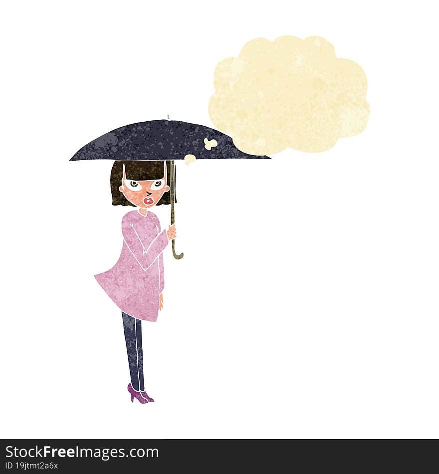 cartoon woman with umbrella with thought bubble