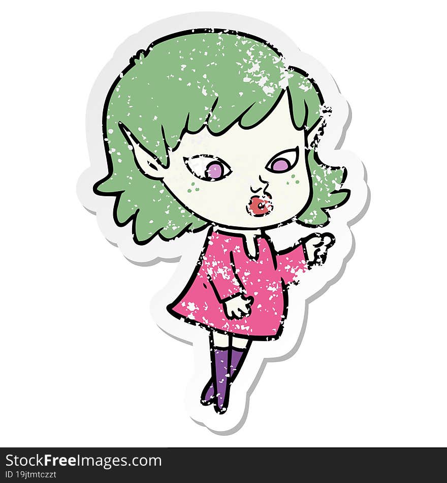 distressed sticker of a pointing cartoon elf girl