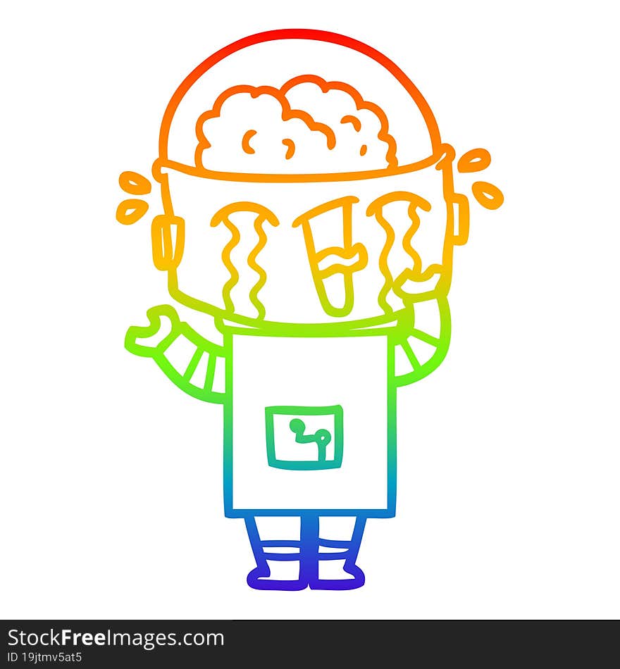 rainbow gradient line drawing cartoon crying robot