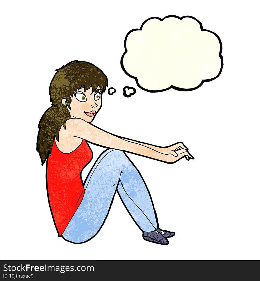 cartoon happy woman sitting with thought bubble