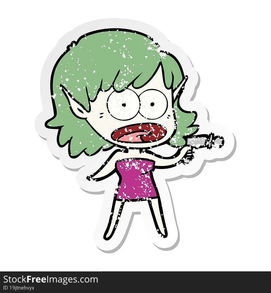 distressed sticker of a cartoon shocked alien girl with ray gun