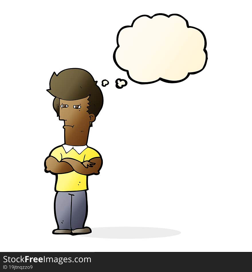 cartoon man with folded arms with thought bubble