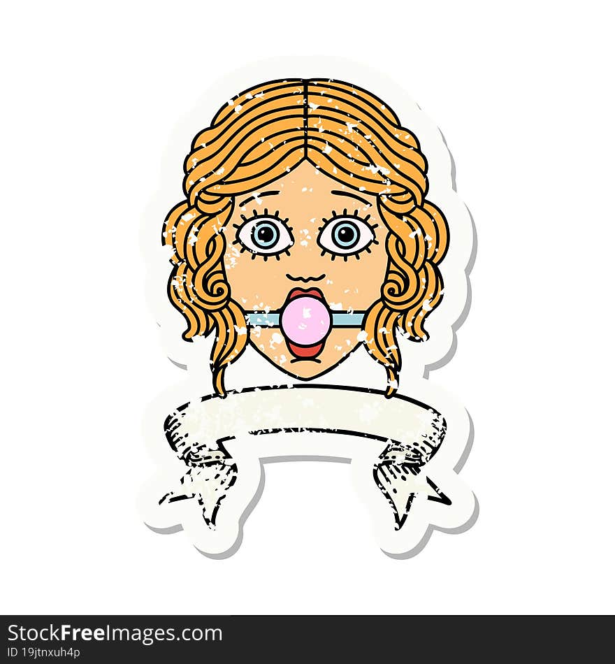 grunge sticker with banner of female face with ball gag