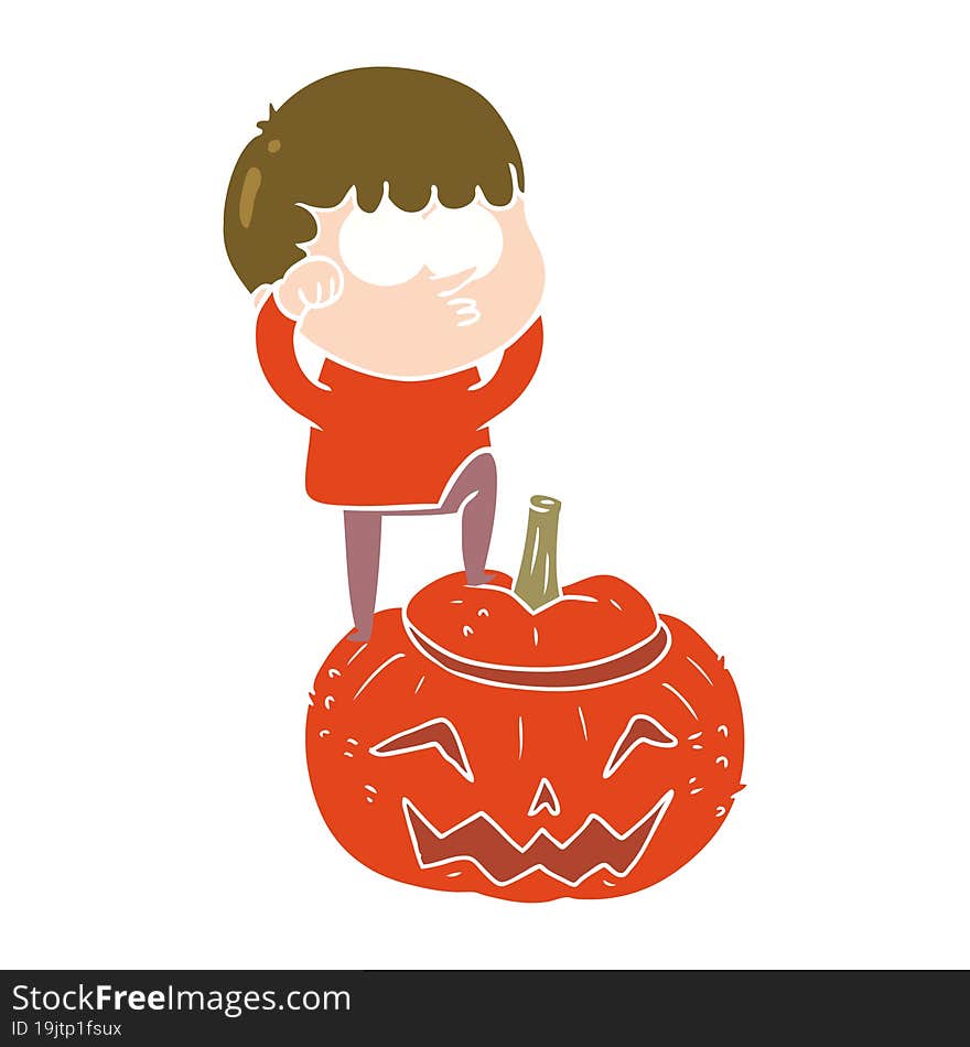 flat color style cartoon boy on huge pumpkin. flat color style cartoon boy on huge pumpkin