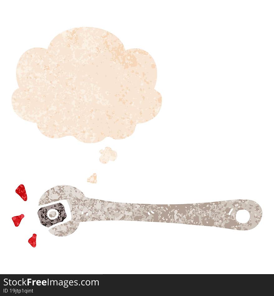 Cartoon Spanner Turning Nut And Thought Bubble In Retro Textured Style