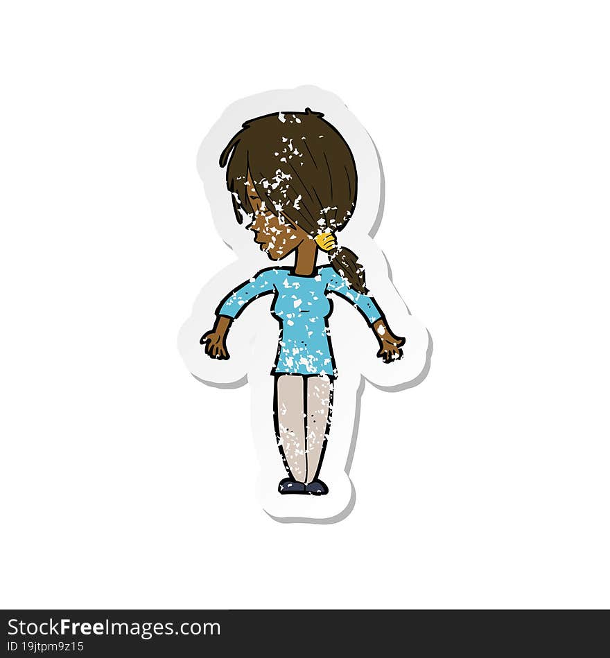 Retro Distressed Sticker Of A Cartoon Woman Shrugging Shoulders