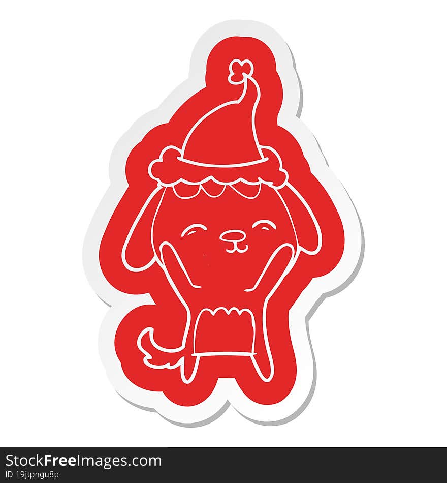 Happy Cartoon  Sticker Of A Dog Wearing Santa Hat