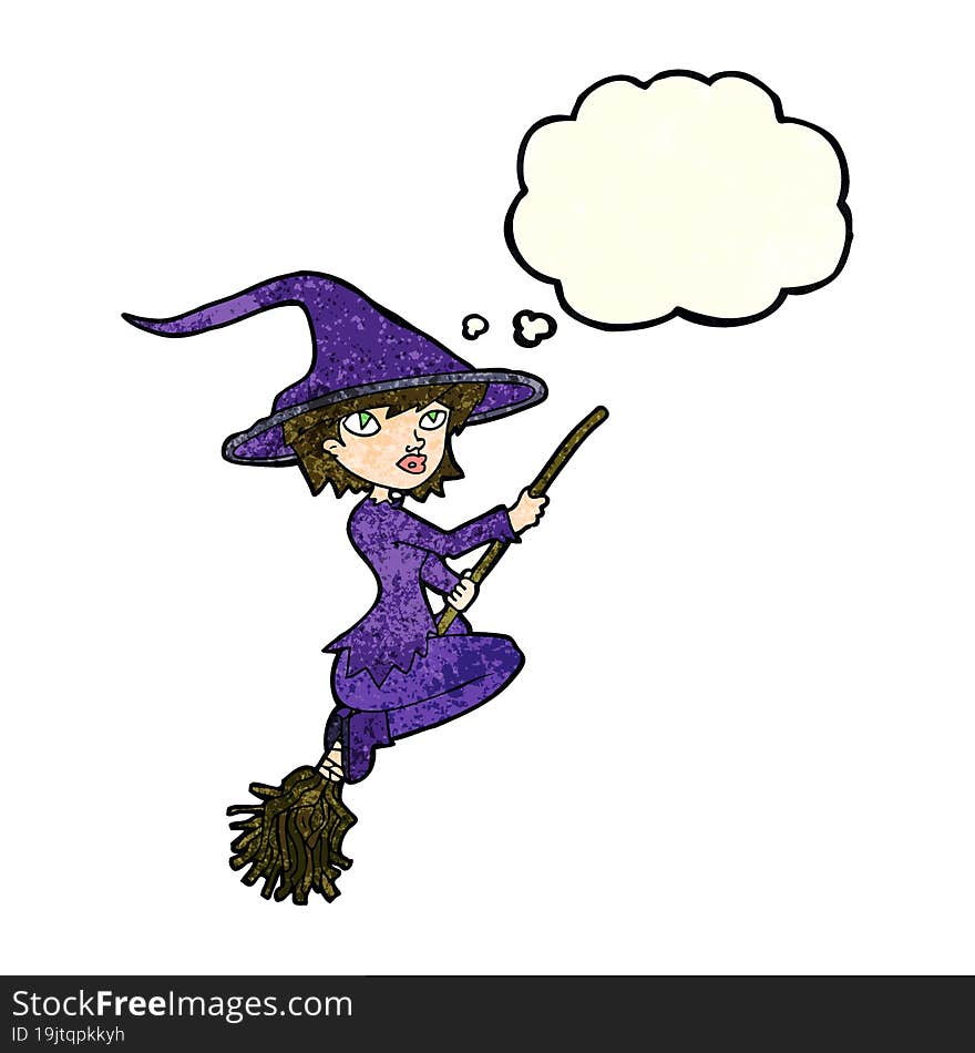 cartoon witch riding broomstick with thought bubble