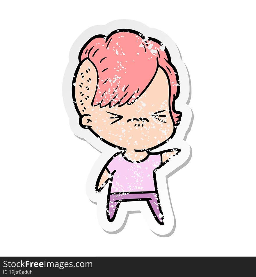 distressed sticker of a cartoon annoyed hipster girl