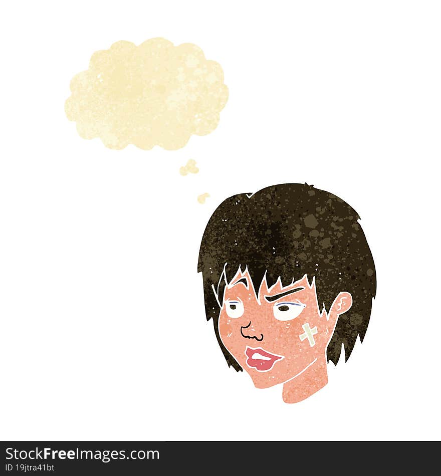 cartoon woman with plaster on face with thought bubble