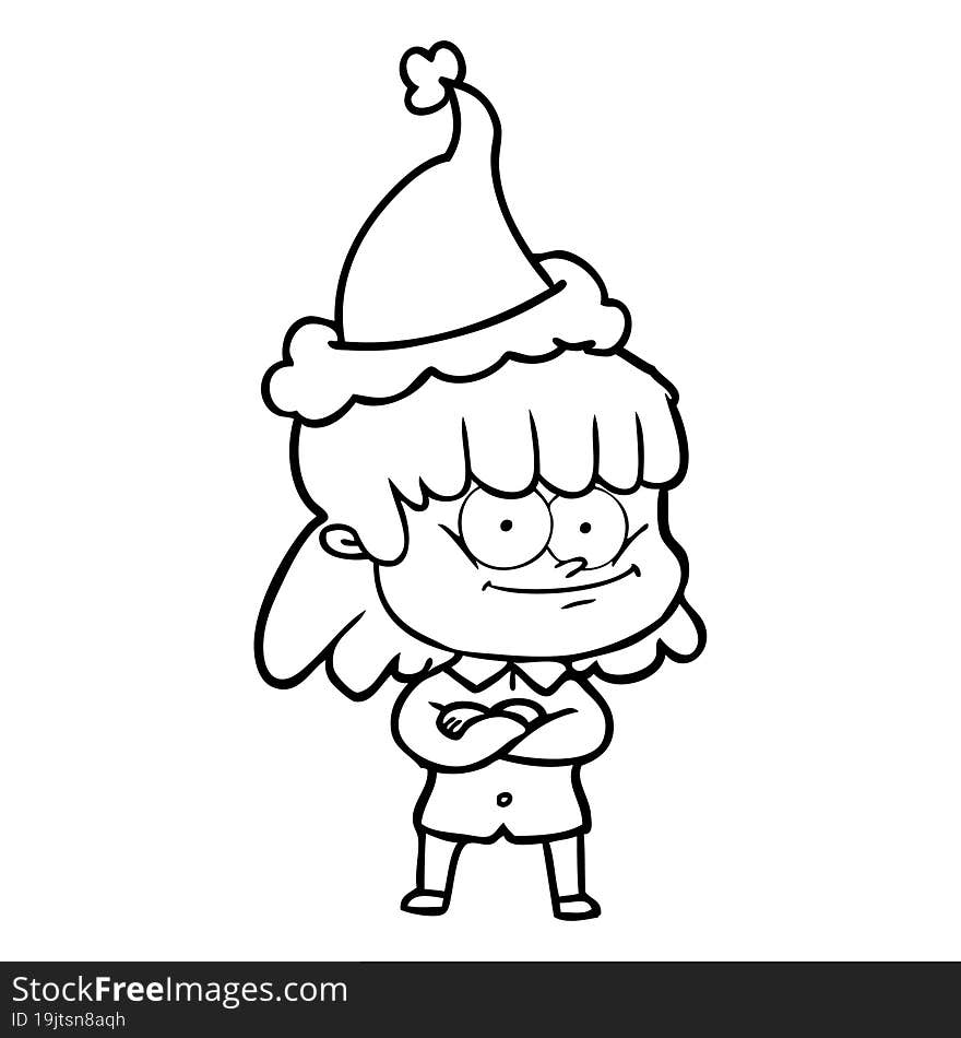 hand drawn line drawing of a smiling woman wearing santa hat