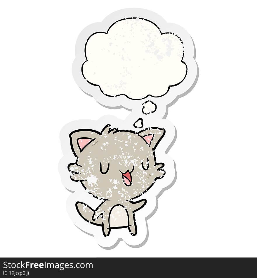 cartoon happy cat and thought bubble as a distressed worn sticker