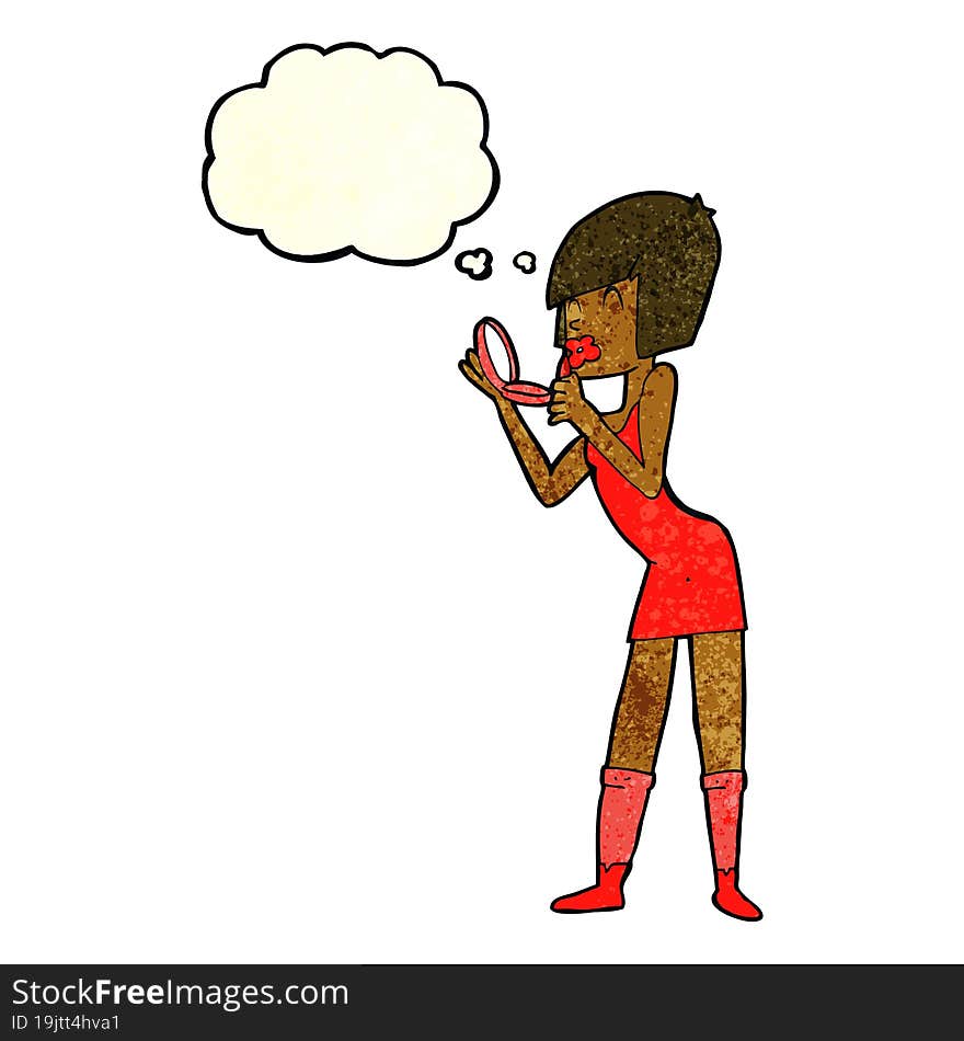 cartoon woman applying lipstick with thought bubble