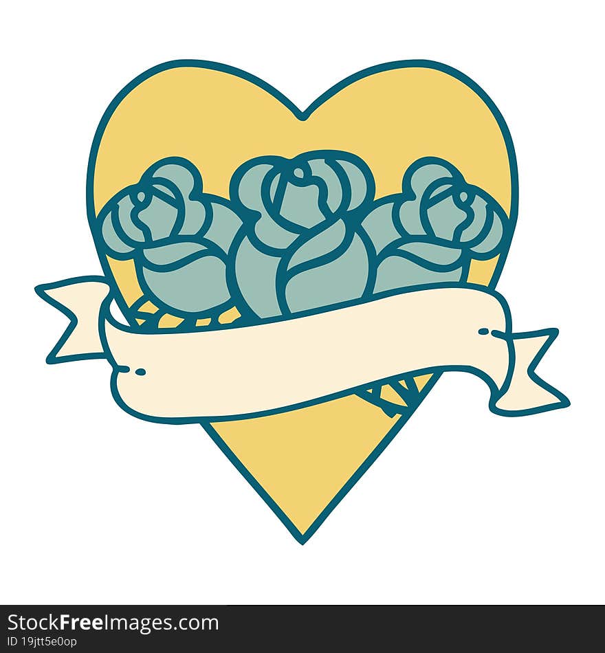 iconic tattoo style image of a heart and banner with flowers. iconic tattoo style image of a heart and banner with flowers