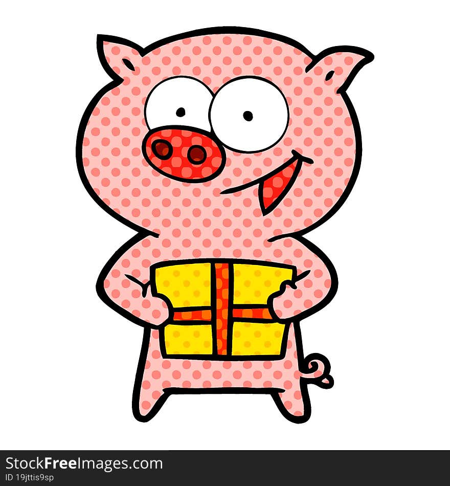 cheerful pig with christmas gift. cheerful pig with christmas gift