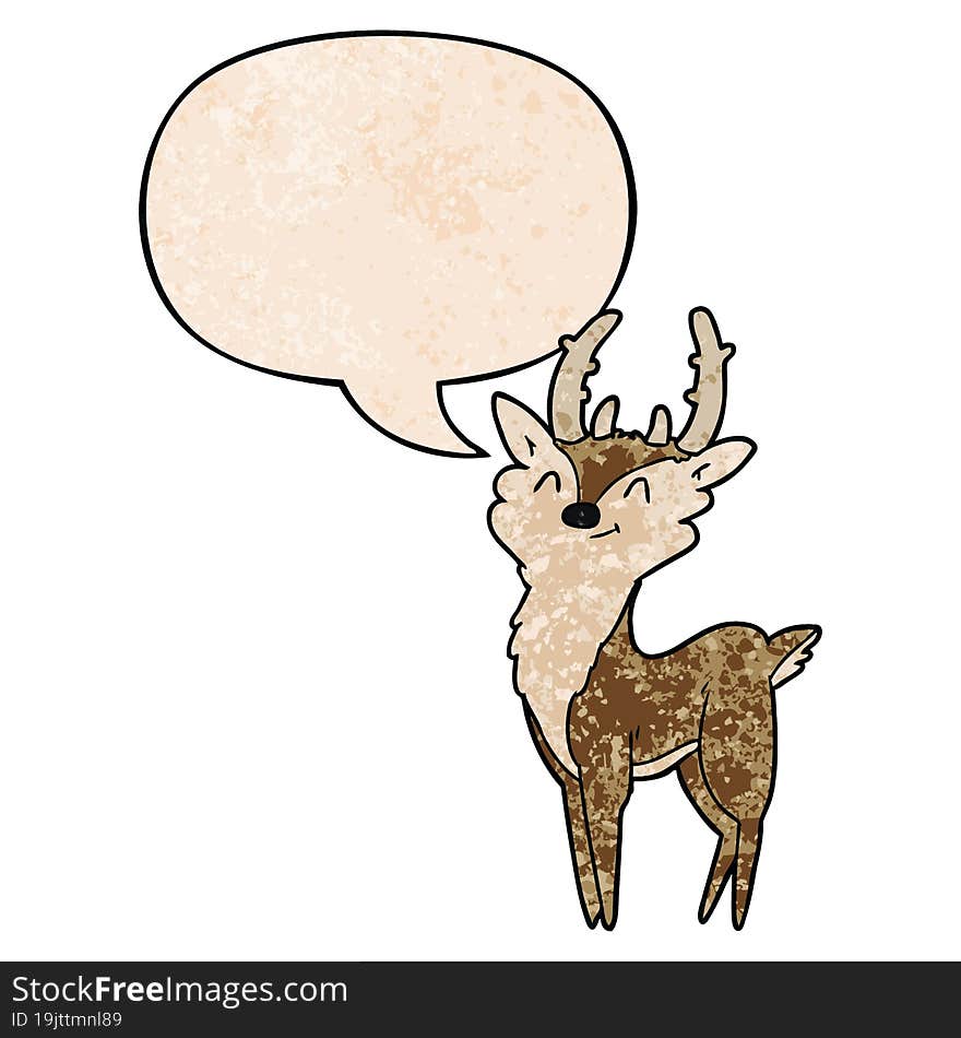 cartoon happy stag with speech bubble in retro texture style