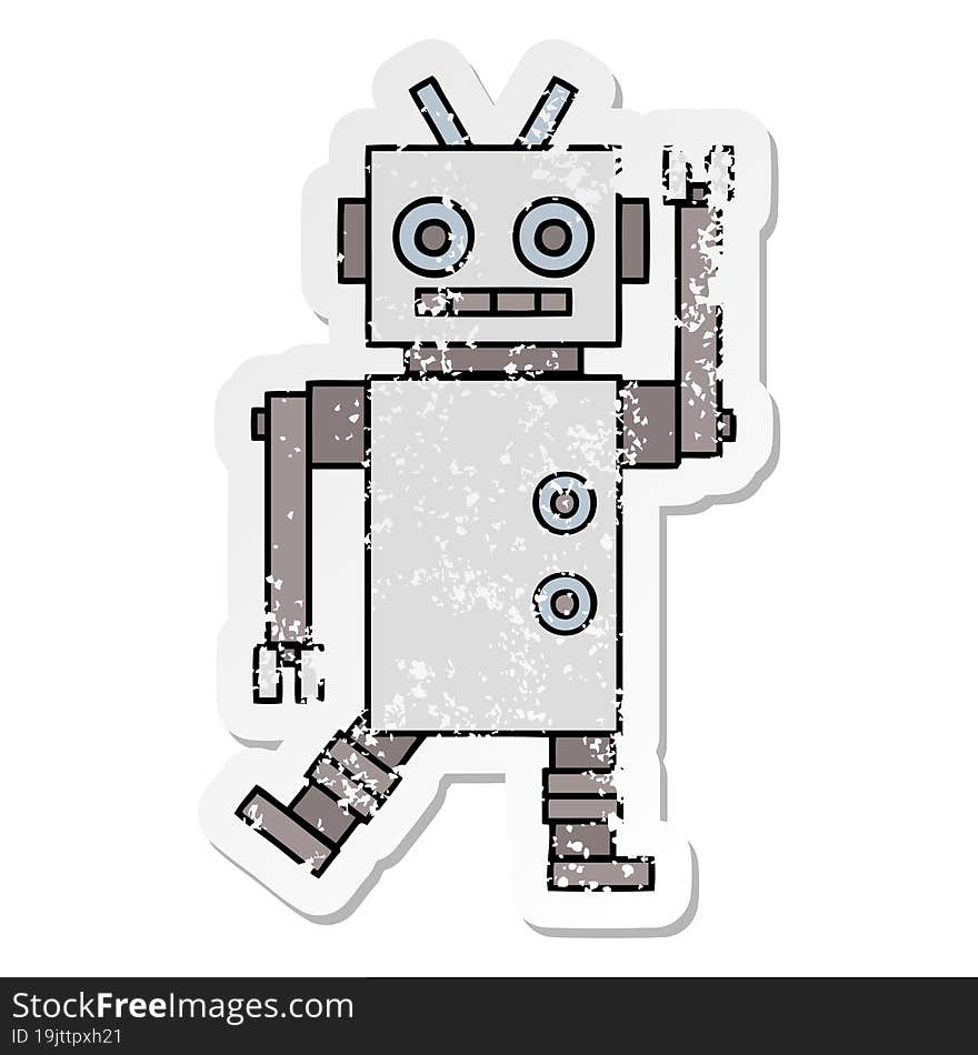 distressed sticker of a cute cartoon dancing robot