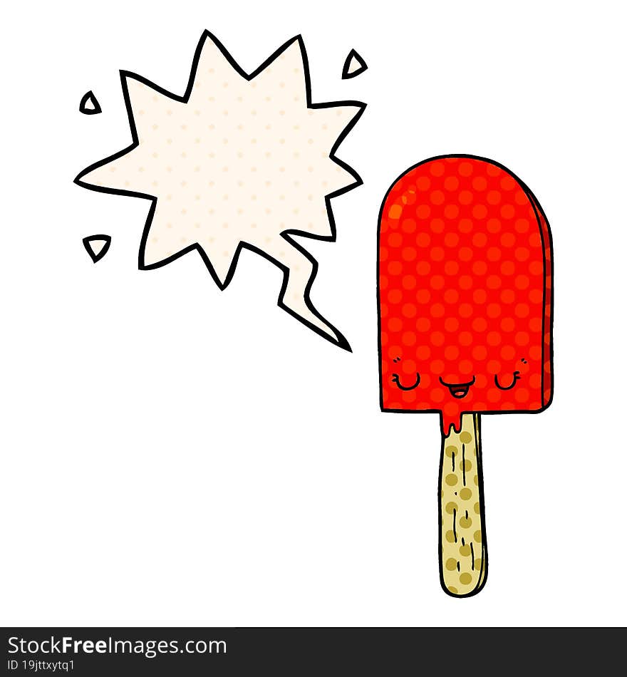 cartoon ice lolly and speech bubble in comic book style