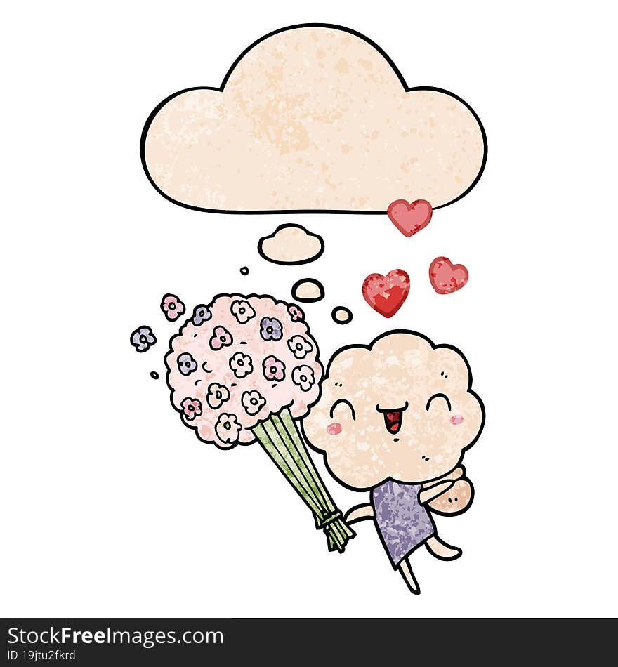 cute cartoon cloud head creature and thought bubble in grunge texture pattern style