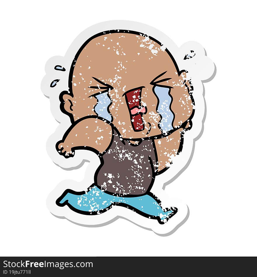 distressed sticker of a cartoon crying bald man