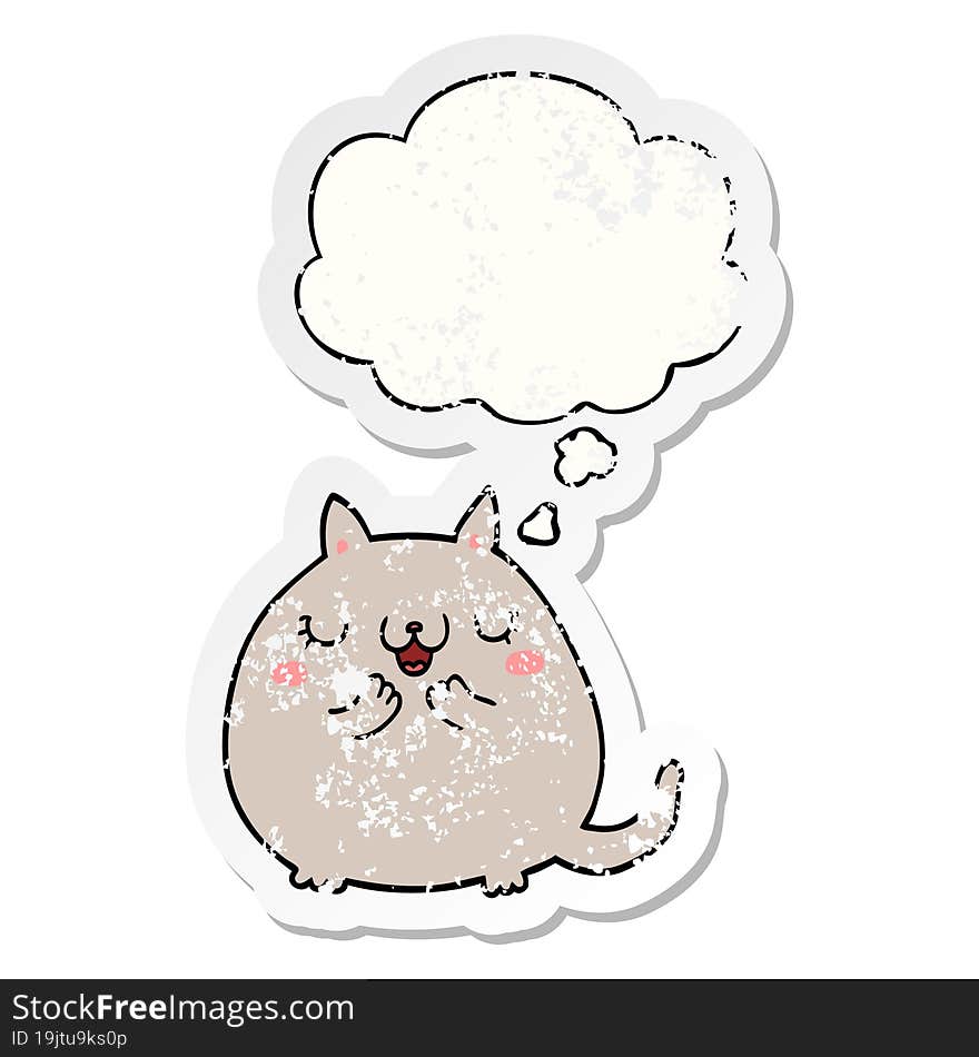 cartoon cute cat with thought bubble as a distressed worn sticker