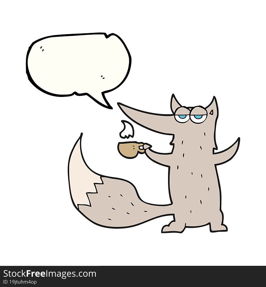 freehand drawn speech bubble cartoon wolf with coffee cup