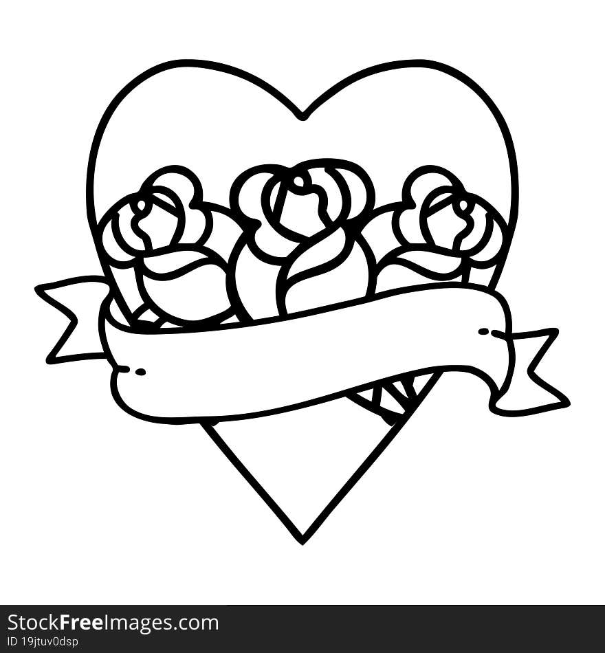 black line tattoo of a heart and banner with flowers