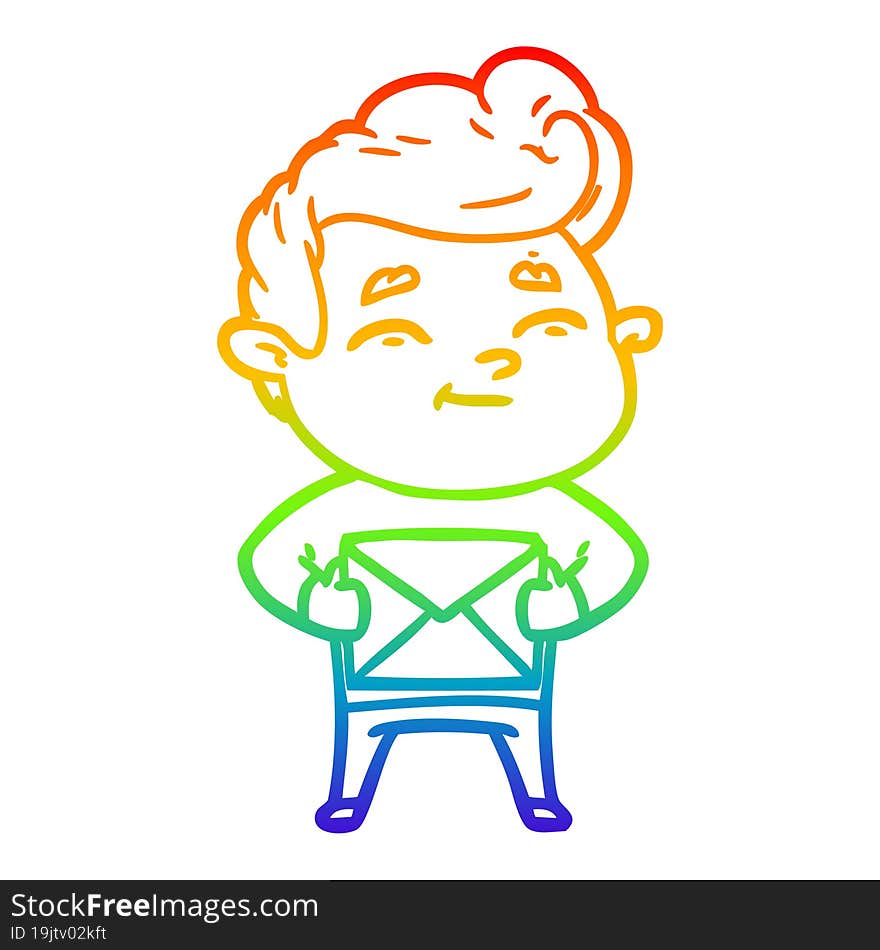 rainbow gradient line drawing happy cartoon man with gift